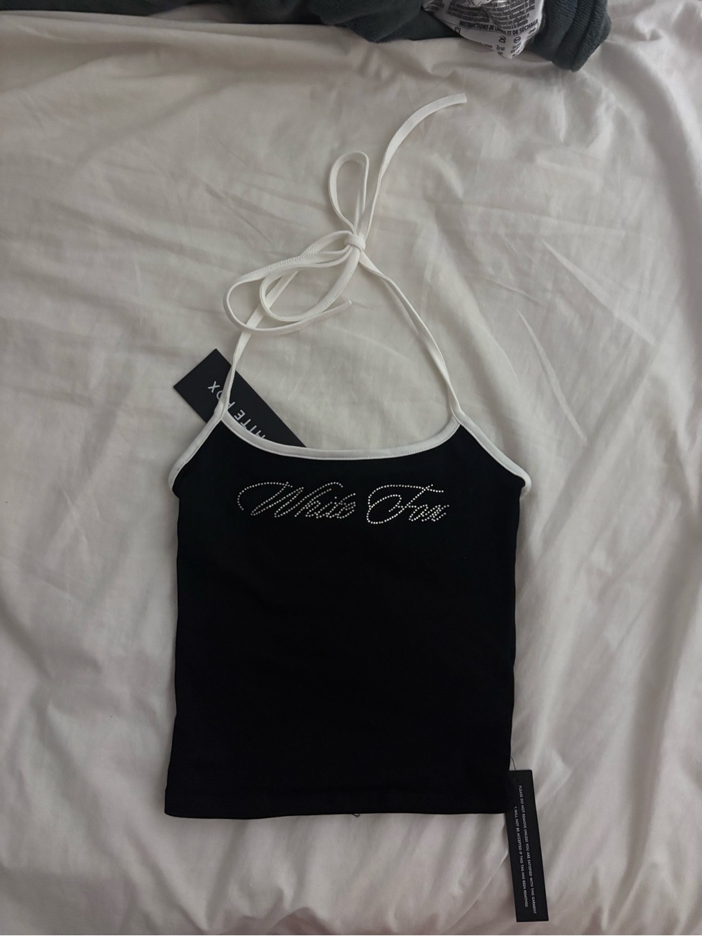 BNWT White Fox Boutique Black Rhinestone Halter Tank with White Trim